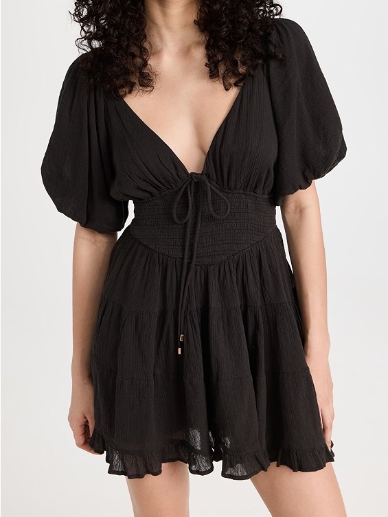 Free People Black Tie-Front Smocked Mini Dress